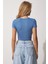 Bisiklet Yaka Crop Örme T-Shirt LCE0003 Indigo Mavi 4