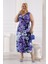 Kadın Mavi Mor Kırçiçeği Desen Kolsuz Kruvaze Yaka Büyük Beden Maxi Elbise 1
