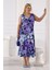 Kadın Mavi Mor Kırçiçeği Desen Kolsuz Kruvaze Yaka Büyük Beden Maxi Elbise 4