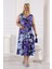 Kadın Mavi Mor Kırçiçeği Desen Kolsuz Kruvaze Yaka Büyük Beden Maxi Elbise 5