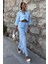 Kadın Mavi Keten Uzun Kollu Büzgülü Takım 2