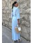 Kadın Mavi Keten Uzun Kollu Büzgülü Takım 4