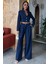 Kadın Lacivert Kruvaze Dokuma Crop Uzun Kol Takım 2