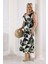 Kadın Yeşil Beyaz Monstera Desen Kolsuz Kruvaze Yaka Büyük Beden Maxi Elbise 2