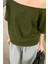 Haki Kadın Düşük Omuz Kayık Yaka Oversize T-Shirt 3