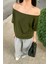 Haki Kadın Düşük Omuz Kayık Yaka Oversize T-Shirt 1