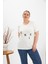 Büyük Beden Taş Detay Baskılı Tişört Ekru 3