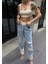 Kadın Tint Haki Lazer Detaylı Skater Jogger Fit Denim Jogger Kot Pantolon Baggy Model 4