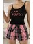 Kadın Siyah Kare Desenli Askılı Şortlu Pijama Takım 6652 1