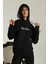 Kadın Sırt Baskılı Oversize Üç Iplik Kapüşonlu Sweatshirt - Siyah 1