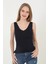 Kadın V Yaka Fırfır Detay Crop - Siyah 2