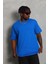 Unisex Oversize Düz Bisiklet Yaka T-Shirt - Mavi 2