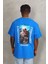Unisex Oversize Baskılı Bisiklet Yaka T-Shirt - Mavi 5