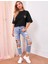 Kadın Bisiklet Yaka Baskılı Oversize T-Shirt - Siyah 2