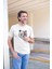 Erkek Bisiklet Yaka Baskılı Oversize T-Shirt - Beyaz 1