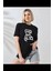 Unisex Kadın Bisiklet Yaka Baskılı T-Shirt - Siyah 1
