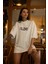 Unisex Bisiklet Yaka Baskılı Oversize T-Shirt - Beyaz 1