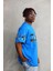 Unisex Bisiklet Yaka Baskılı Oversize T-Shirt - Mavi 4