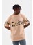 Unisex Bisiklet Yaka Baskılı Oversize T-Shirt - Bej 1