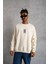 Unisex Bisiklet Yaka Baskılı Oversize Sweatshirt - Beyaz 2