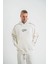 Uzun Kol Kapşonlu Ara Biyeli Sweatshirt - Beyaz 1