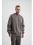 Unisex Uzun Kol Bisiklet Yaka Yıkamalı Sweatshirt - Füme 3