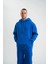 Unisex Double Oversize Kapşonlu Basic Sweatshirt - Mavi 4