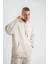 Unisex Double Oversize Kapşonlu Yıkamalı Sweatshirt - Krem 1