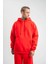 Unisex Double Oversize Kapşonlu Basic Sweatshirt - Kırmızı 5