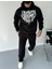 Uzun Kol Kapüşonlu Baskılı Sweatshirt - Siyah 5