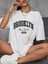 Brooklyn Harf Baskılı Düşük Omuzlu T-Shirt, Rahat Kısa Kollu Bol T-Shirt, Kadın Giyim - Beyaz 1