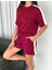 Osy Modal Yumuşak Dokulu Kumaş Kadın Parçalı Bisiklet Yaka T-Shirt Kısa Şort Ikili Takım - Bordo 1
