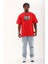 Unisex Oversize Baskılı Bisiklet Yaka T-Shirt - Kırmızı 4