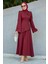 Rise Keten Broşlu Bluz Etek Takım-Bordo 1