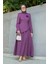 Rise Keten Broşlu Bluz Etek Takım-Mor 4