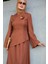 Rise Keten Broşlu Bluz Etek Takım-Kahverenk 2