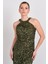 Kadın Halter Yaka Full Payetli Maxi Abiye Elbise 5284 Haki 2