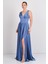 Kadın Derin V Yaka Sırttan Bağlamalı Maxi Abiye Elbise 7091 Indigo 3
