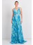 Kadın Derin V Yakalı Desenli Pencere Detaylı Maxi Abiye Elbise 5512 Turkuaz 2