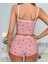 Lily Pembe Çilek Desenli Dantelli Vintage %100 Pamuk Ince Askılı Büstiyer Şort Takım 2