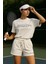 Kadın Sporty Kısa Kollu Bisiklet Yaka Oversize T-Shirt ve Şortlu Alt Üst Takım Tenis Ikili Takım 2