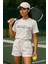 Kadın Sporty Kısa Kollu Bisiklet Yaka Oversize T-Shirt ve Şortlu Alt Üst Takım Tenis Ikili Takım 3