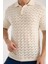 Erkek Polo Yaka Krem Zigzag Desenli Kısa Kollu Triko Tişört 1