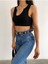 Kadın Siyah V Yaka Kalın Askılı Yaka Detaylı Altı Lastikli Kaşkorse Crop Bluz BLZ8832 3