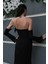 Siyah Drape Düğme Detaylı Midi Boy Abiye 0801168.01 6