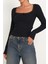 Kadın Siyah Kare Yaka Dantelli Uzun Kollu Crop Top Bluz 5
