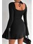 Kadın Siyah Kare Yaka Sırt Dekolteli Kolu Volanlı Yırtmaç Detaylı Mini Elbise MNN8761 6