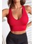 Kadın Kırmızı Derin Göğüs Dekolteli Şık Crop Top Bluz 1