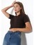 Pamuklu Kompakt Penye Ribana Bisiklet Yaka Crop T-Shirt 21560 Kahve 2