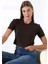 Pamuklu Kompakt Penye Ribana Bisiklet Yaka Crop T-Shirt 21560 Kahve 3